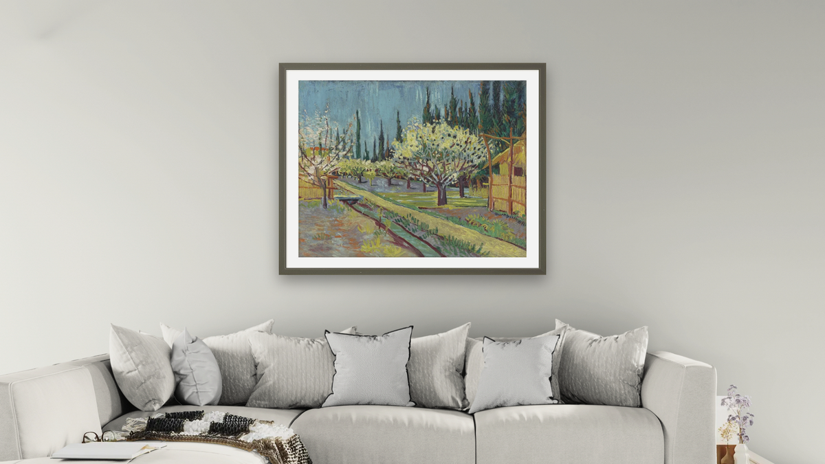 Orchard Bordered by Cypresses by Vincent van Gogh, shown at 32 × 40 in (81.3 × 101.6 cm) in Ramino Satin Black, living