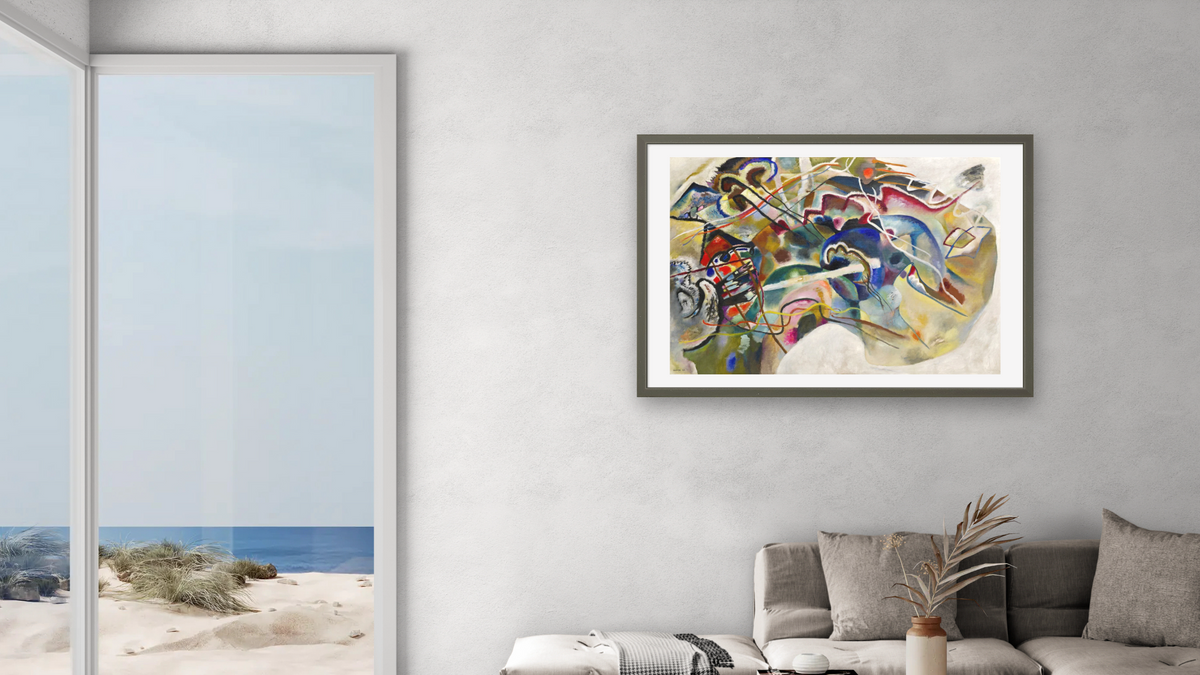 Painting with White Border, shown at 28 × 42 in (71.1 × 106.7 cm) in Ramino Satin Black, living