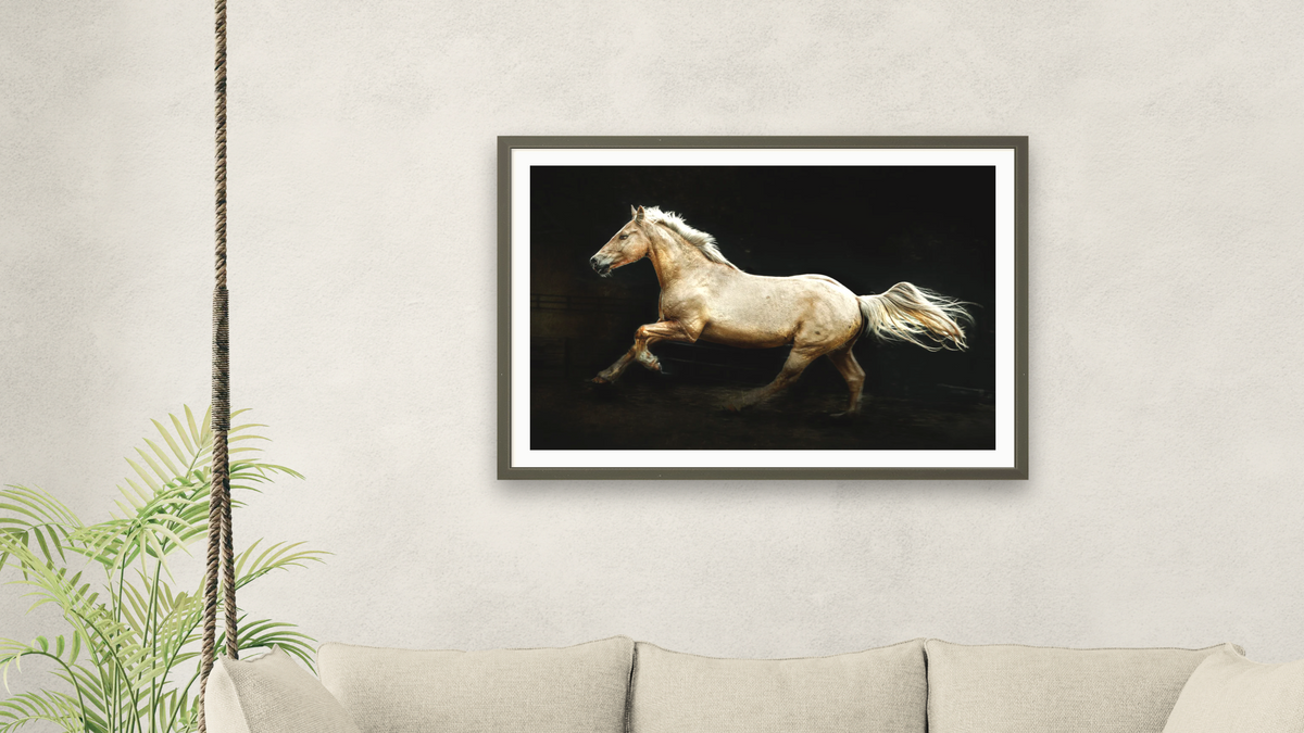 In Flight by Brandon Luther, shown at 28 × 42 in (71.1 × 106.7 cm) in Ramino Satin Black, living