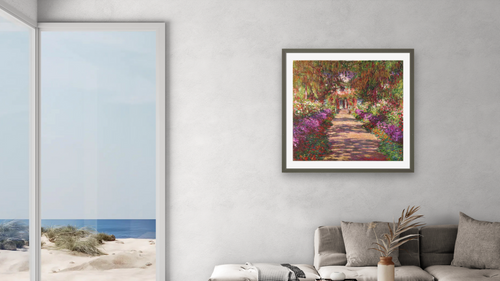 A Pathway in Monet's Garden, Giverny, 1902 by Claude Monet, shown at 32 × 32 in (81.3 × 81.3 cm) in Ramino Satin Black, living [arteriel-render:v6:room_a:32x32@70,39]