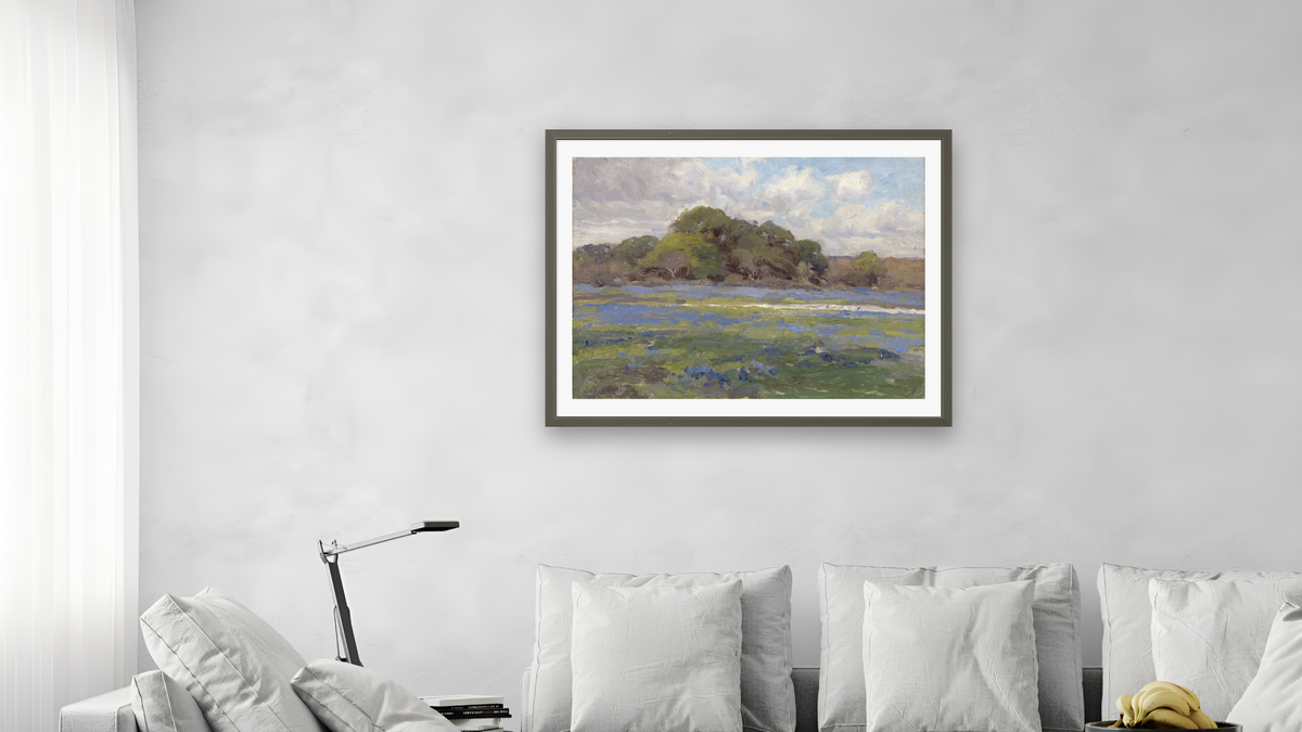 A Road through the Bluebonnets by Julian Onderdonk, shown at 30 × 40 in (76.2 × 101.6 cm) in Ramino Satin Black, living