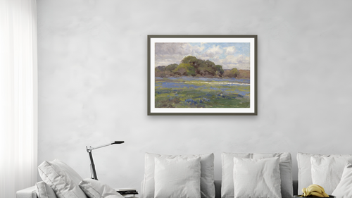 A Road through the Bluebonnets by Julian Onderdonk, shown at 30 × 40 in (76.2 × 101.6 cm) in Ramino Satin Black, living [arteriel-render:v6:room_a:30x40@57,38]