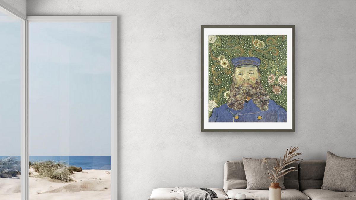 Portrait of the Postman Joseph Roulin by Vincent van Gogh, shown at 32 × 40 in (81.3 × 101.6 cm) in Ramino Satin Black, living