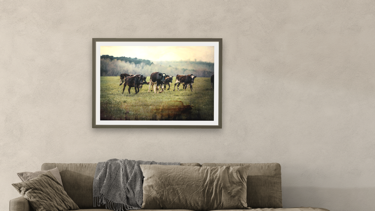 Greet ll by Brandon Luther, shown at 28 × 42 in (71.1 × 106.7 cm) in Ramino Satin Black, living