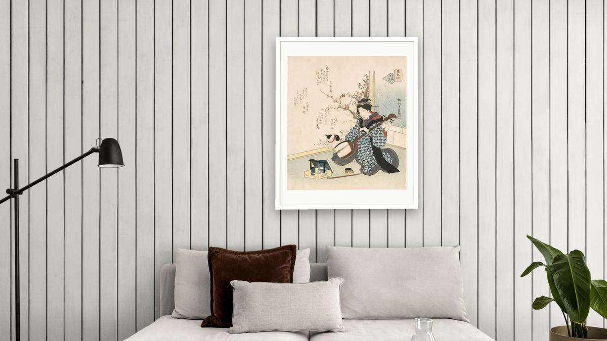Te-ike no hana 'Hand-picked flower' by Yanagawa Shigenobu II, shown at 32 × 40 in (81.3 × 101.6 cm) in Ramino Satin Black, living