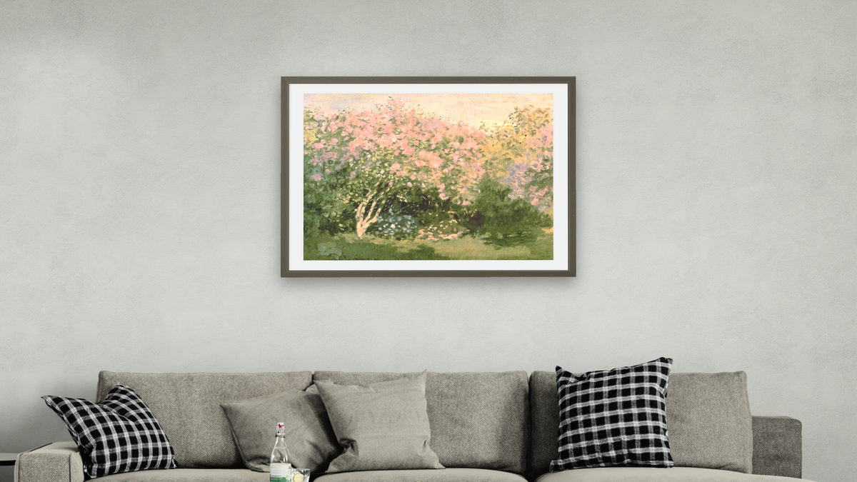 Lilac in the Sun by Claude Monet, shown at 30 × 40 in (76.2 × 101.6 cm) in Ramino Satin Black, living