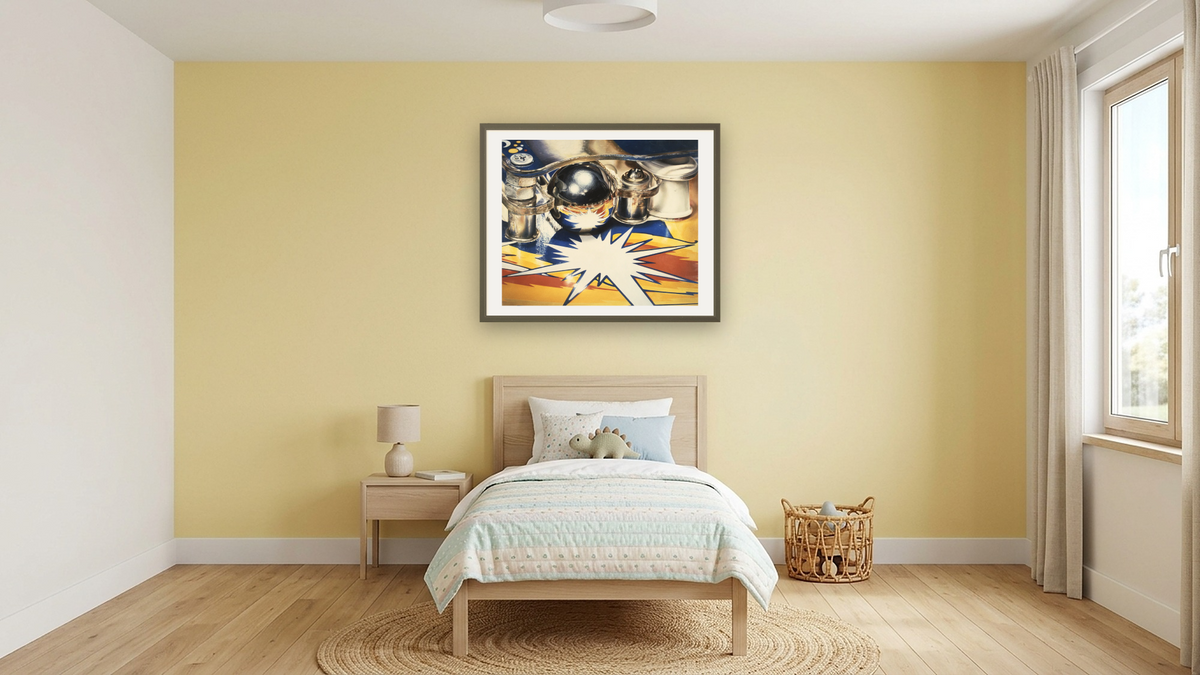 Captive Messenger #2 by Charles Bell, shown at 32 × 40 in (81.3 × 101.6 cm) in Ramino Satin Black, kids' room