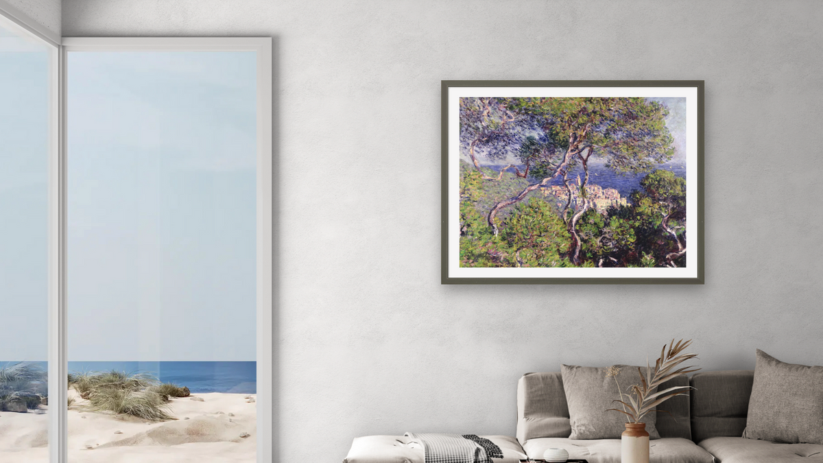 Bordighera by Claude Monet, shown at 32 × 40 in (81.3 × 101.6 cm) in Ramino Satin Black, living