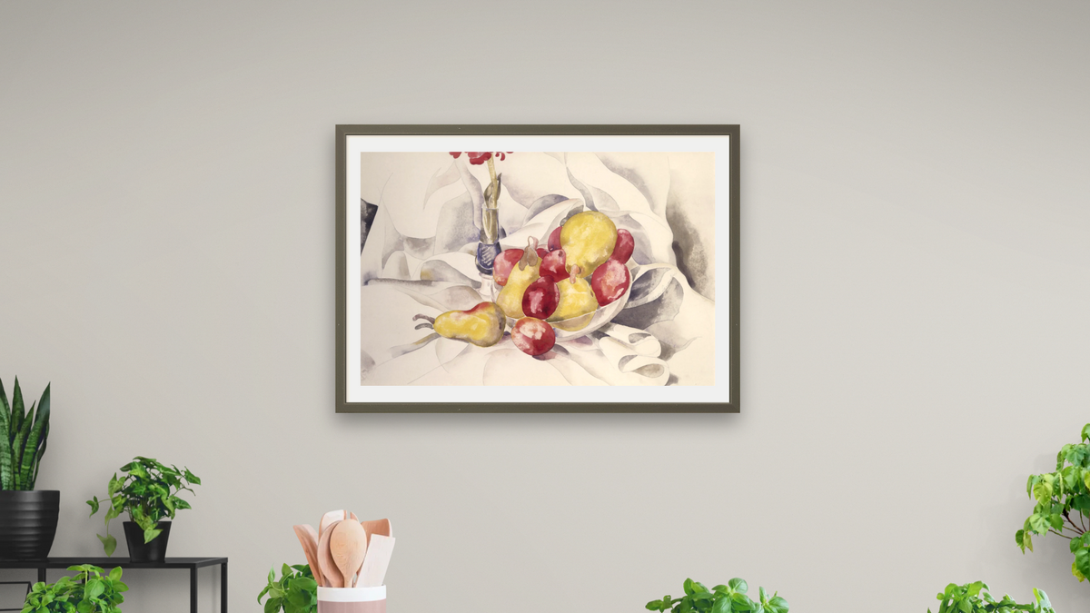 Pears and Plums, 1924 by Charles Demuth, shown at 28 × 42 in (71.1 × 106.7 cm) in Ramino Satin Black, dining