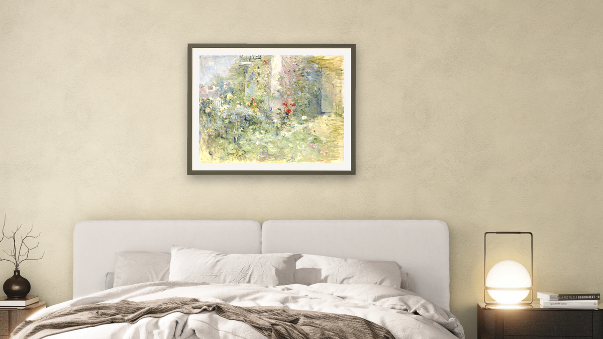The Garden at Bougival by Berthe Morisot, shown at 32 × 40 in (81.3 × 101.6 cm) in Ramino Satin Black, bedroom