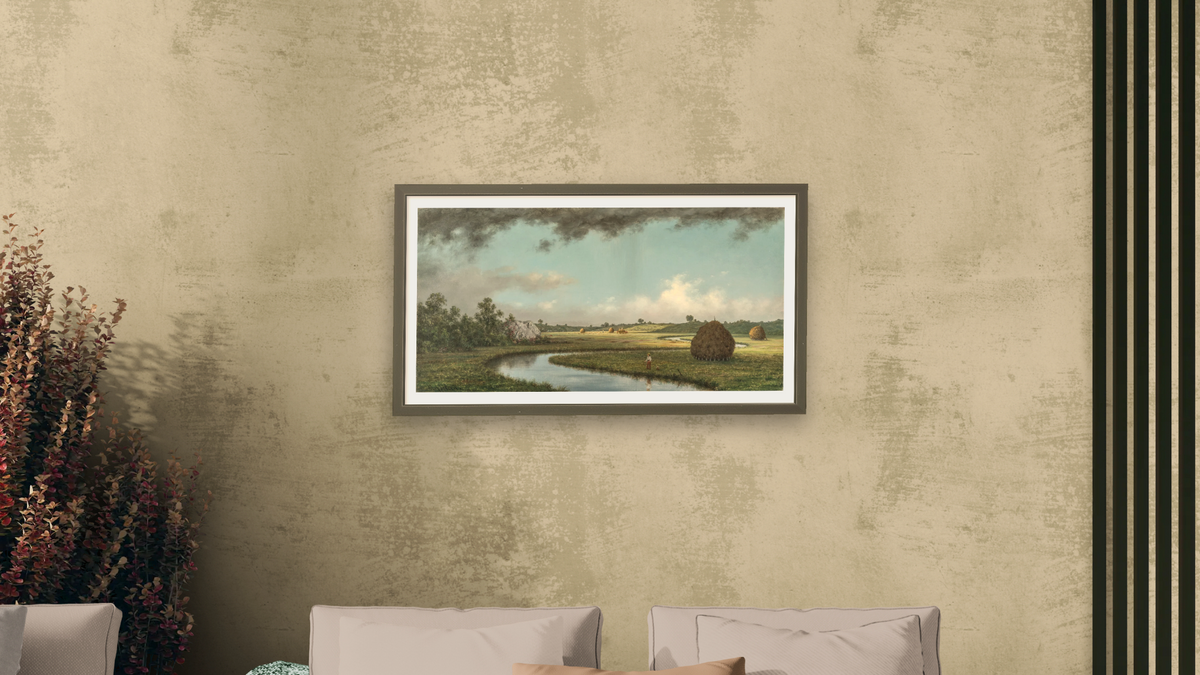 Newburyport Marshes: Approaching Storm by Martin Johnson Heade, shown at 20 × 40 in (50.8 × 101.6 cm) in Ramino Satin Black, living