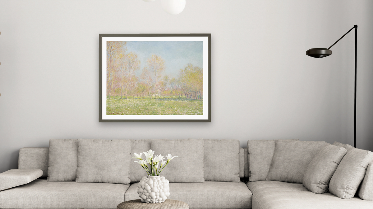 Spring in Giverny by Claude Monet, shown at 32 × 40 in (81.3 × 101.6 cm) in Ramino Satin Black, living
