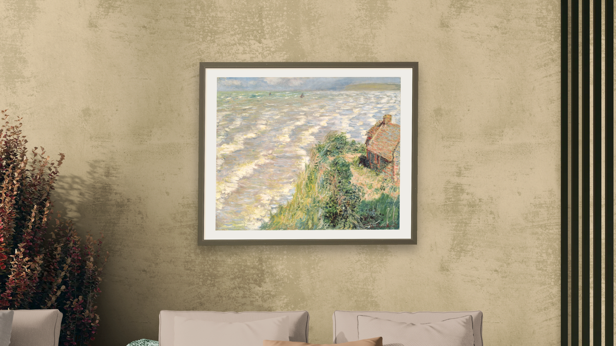 Rising Tide at Pourville by Claude Monet, shown at 32 × 40 in (81.3 × 101.6 cm) in Ramino Satin Black, living