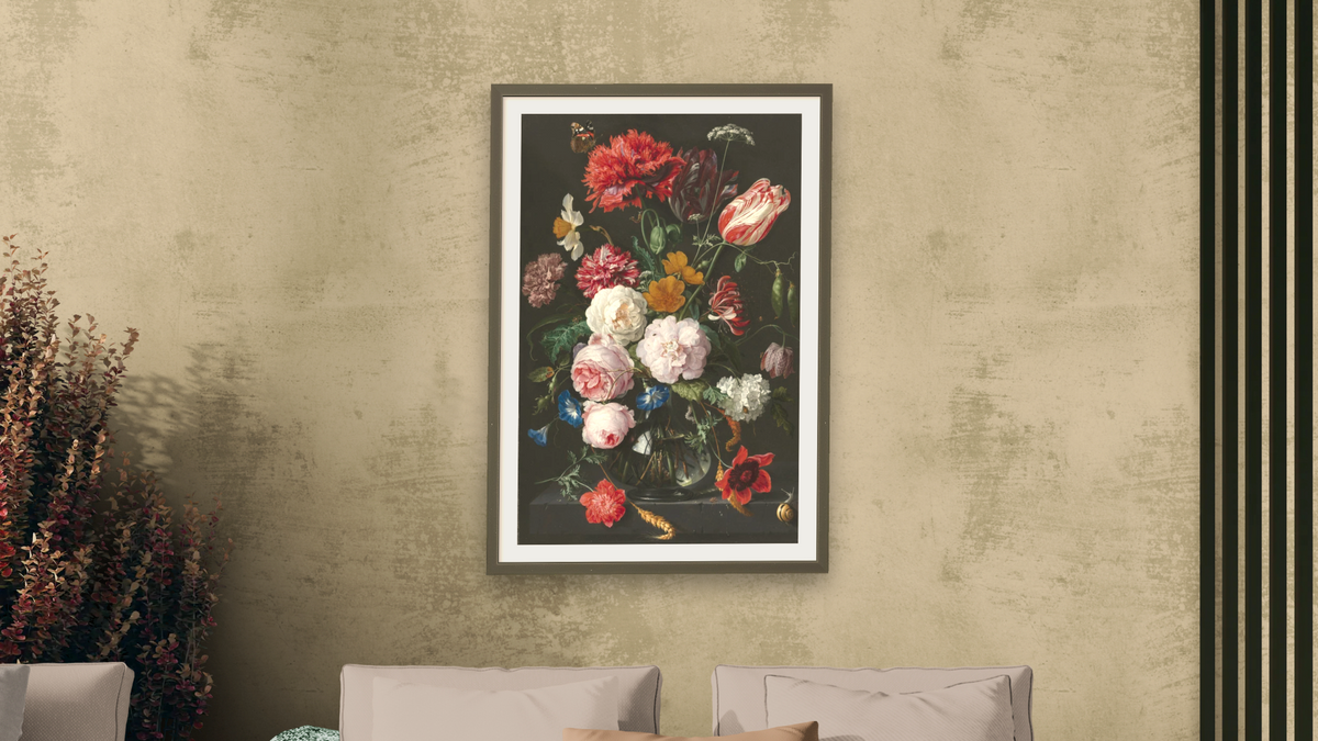 Still Life with Flowers in a Glass Vase by Jan Davidsz de Heem, shown at 28 × 42 in (71.1 × 106.7 cm) in Ramino Satin Black, living