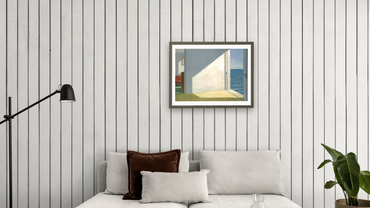 Rooms by the Sea by Edward Hopper, shown at 24 × 32 in (61 × 81.3 cm) in Ramino Satin Black, living