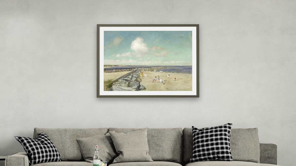 Morning at Breakwater, Shinnecock by William Merritt Chase, shown at 32 × 40 in (81.3 × 101.6 cm) in Ramino Satin Black, living