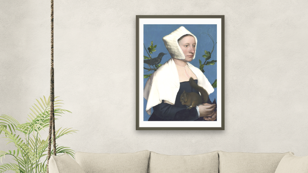 Lady with a Squirrel and a Starling by Hans Holbein the Younger, shown at 28 × 42 in (71.1 × 106.7 cm) in Ramino Satin Black, living