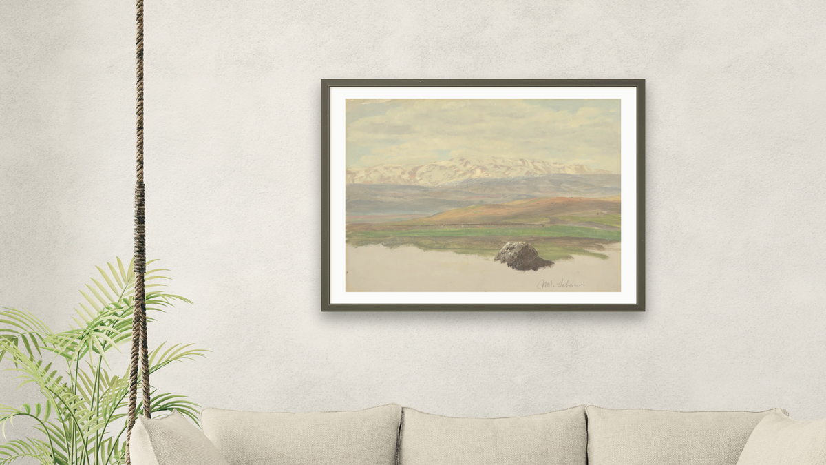 Mount Lebanon by Frederic Edwin Church, shown at 30 × 40 in (76.2 × 101.6 cm) in Ramino Satin Black, living