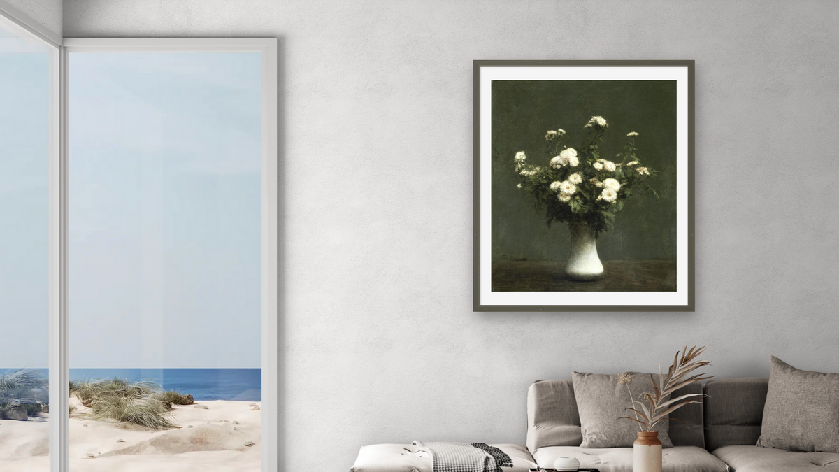 Vase of Chrysanthemums by Henri Fantin-Latour, shown at 32 × 40 in (81.3 × 101.6 cm) in Ramino Satin Black, living