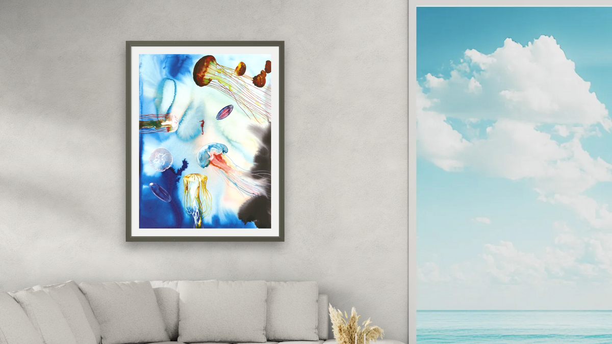 Small Jellyfish by Alexis Rockman, shown at 30 × 40 in (76.2 × 101.6 cm) in Ramino Satin Black, living