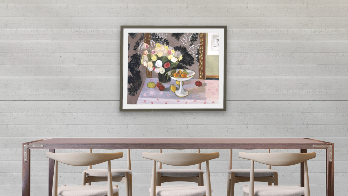 Still Life: Bouquet and Compotier (Nature morte: bouquet et compotier) by Henri Matisse, shown at 32 × 40 in (81.3 × 101.6 cm) in Ramino Satin Black, dining