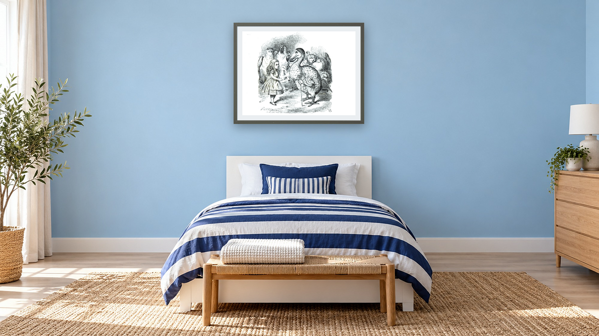 Alice meets the Dodo, illustration from 'Alice's Adventures in Wonderland', by Lewis Carroll by John Tenniel, shown at 30 × 40 in (76.2 × 101.6 cm) in Ramino Satin Black, kids' room