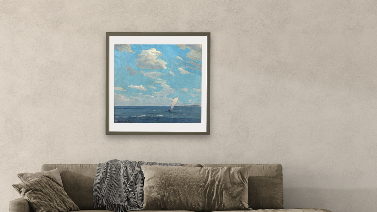 Off Duneland Shores by Frank V. Dudley, shown at 32 × 32 in (81.3 × 81.3 cm) in Ramino Satin Black, living