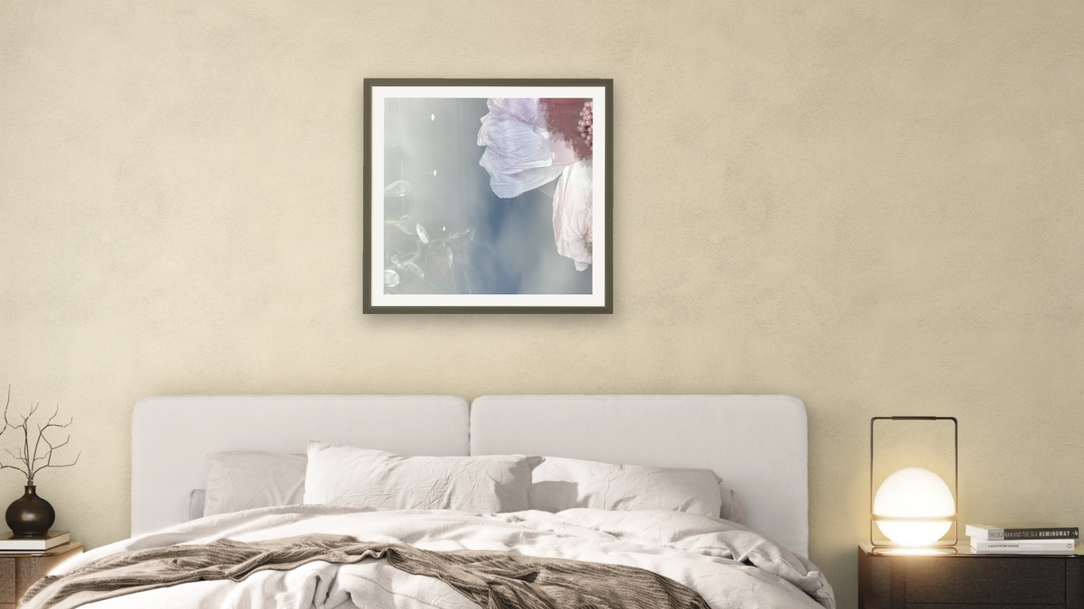 The Rose Embraced Her Blue Sky by Judith Rayl, shown at 32 × 32 in (81.3 × 81.3 cm) in Ramino Satin Black, bedroom