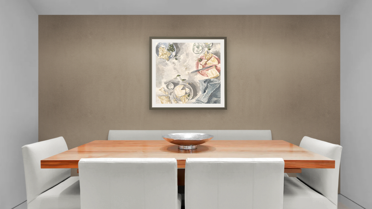 Have Your Cheese and Eat It Too, shown at 32 × 32 in (81.3 × 81.3 cm) in Ramino Satin Black, dining