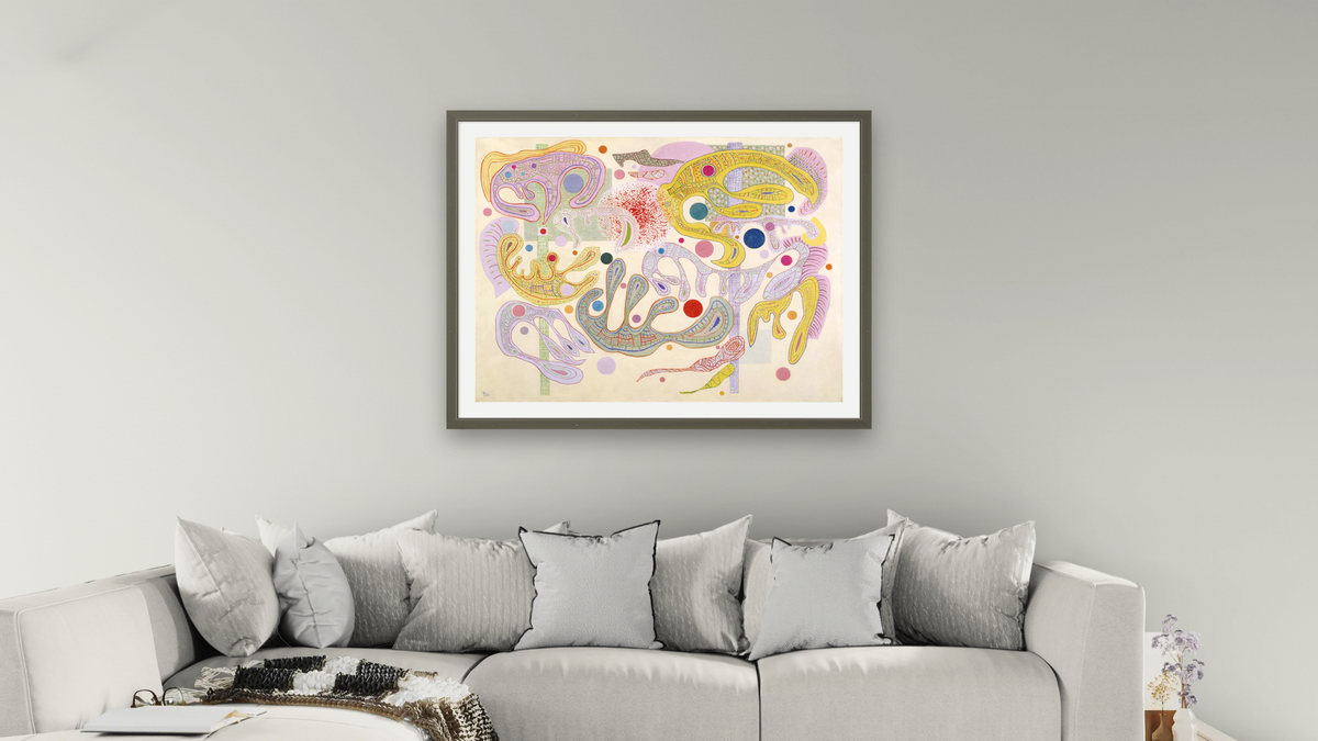 Capricious Forms, shown at 30 × 40 in (76.2 × 101.6 cm) in Ramino Satin Black, living