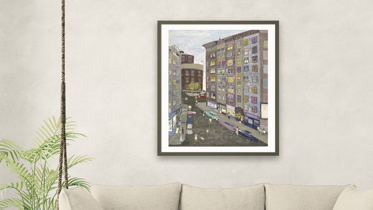 City Scene by Ralph Fasanella, shown at 32 × 40 in (81.3 × 101.6 cm) in Ramino Satin Black, living