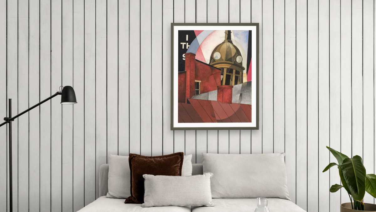 Welcome to Our City by Charles Demuth, shown at 32 × 40 in (81.3 × 101.6 cm) in Ramino Satin Black, living