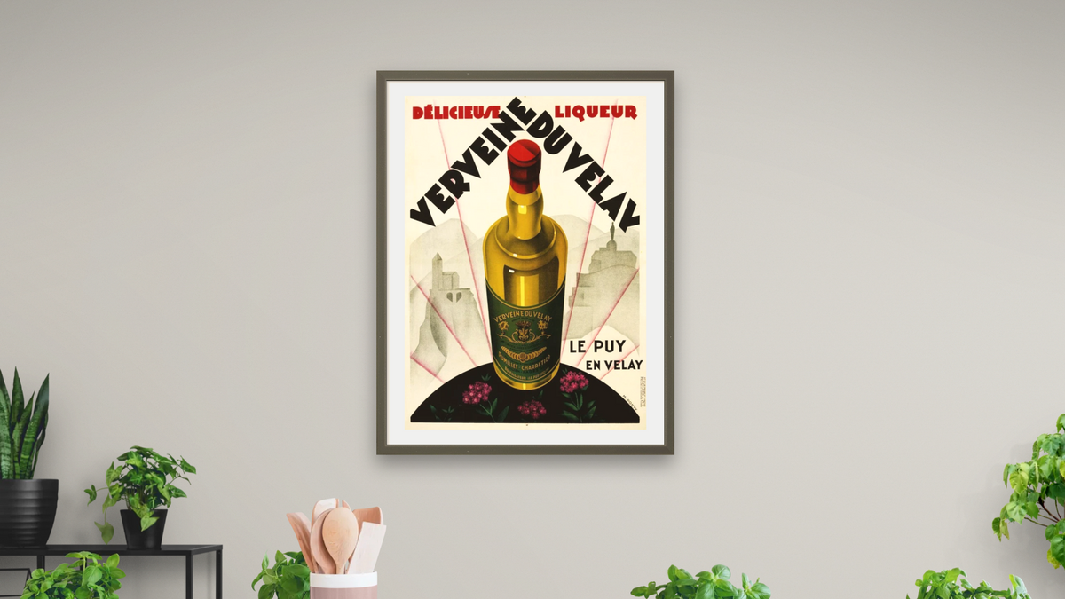 Verveine Duvelay Liqueur Advertisement Poster, shown at 30 × 40 in (76.2 × 101.6 cm) in Ramino Satin Black, dining