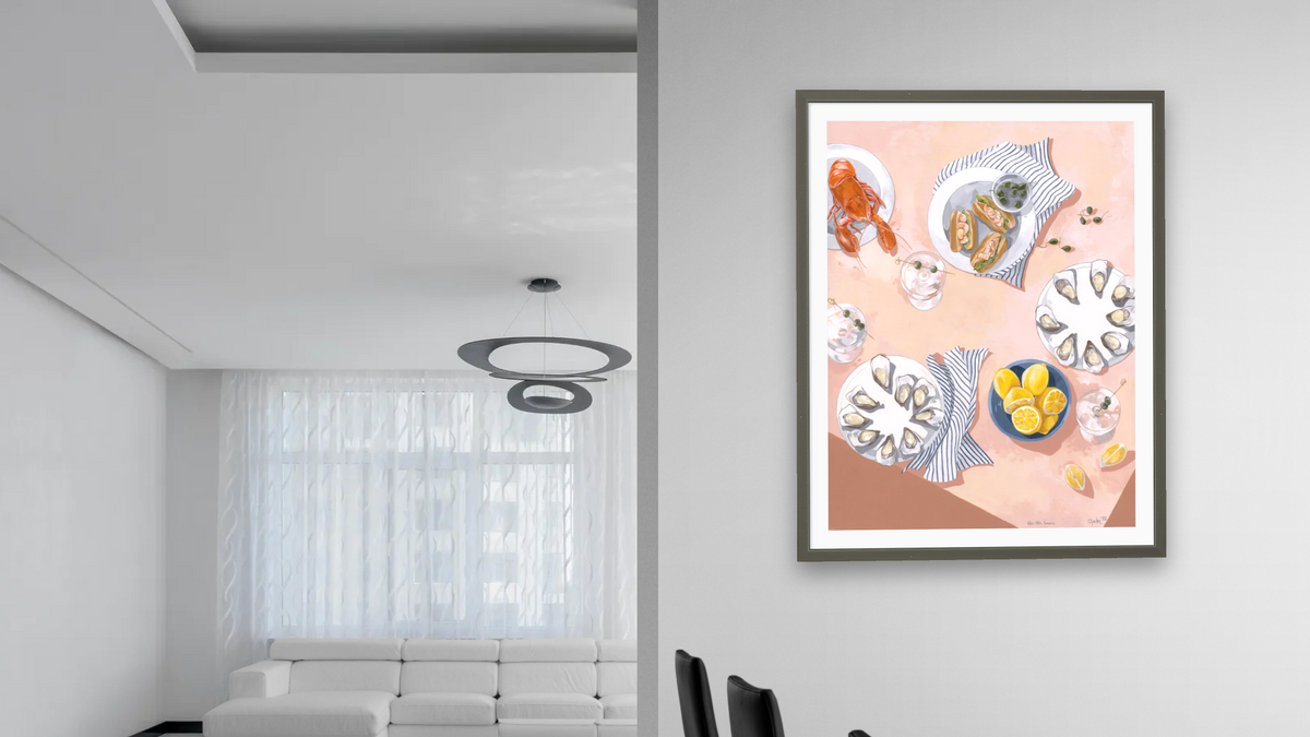 Lifes Little Luxuries by Catherine Gerke, shown at 30 × 40 in (76.2 × 101.6 cm) in Ramino Satin Black, dining