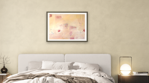 43rd Time’s a Charm by Katherine Bello, shown at 30 × 40 in (76.2 × 101.6 cm) in Ramino Satin Black, bedroom [arteriel-render:v6:room_a:30x40@45,32]