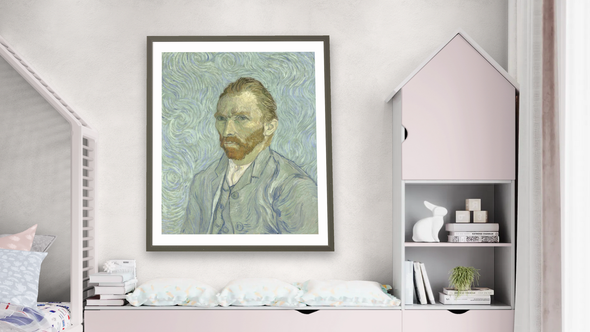 Self-portrait by Vincent van Gogh, shown at 32 × 40 in (81.3 × 101.6 cm) in Ramino Satin Black, bedroom