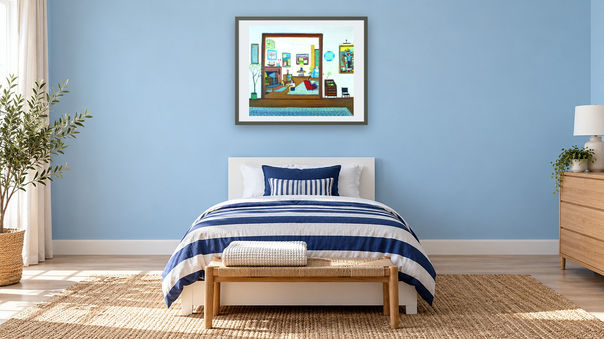 At Home: 15 Chester Street by Ralph Fasanella, shown at 32 × 40 in (81.3 × 101.6 cm) in Ramino Satin Black, kids' room