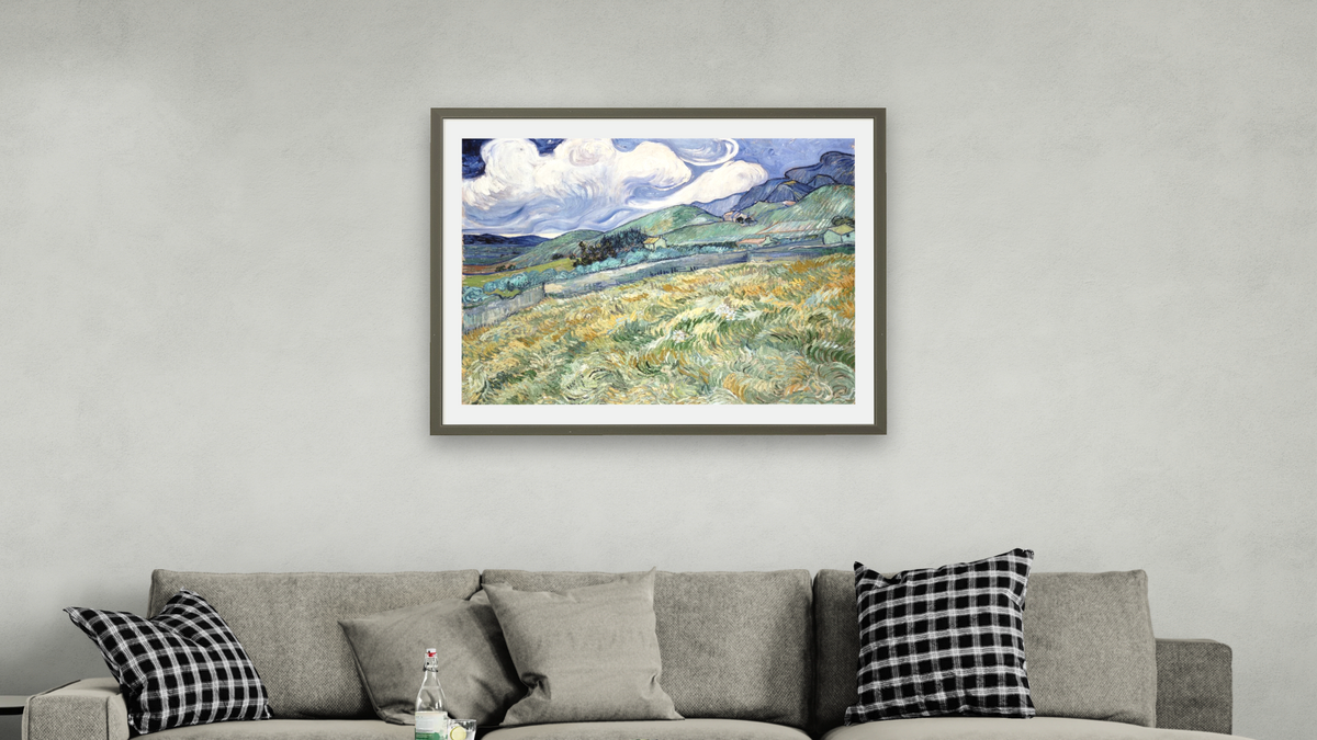 Landscape from Saint-Rémy by Vincent van Gogh, shown at 32 × 40 in (81.3 × 101.6 cm) in Ramino Satin Black, living