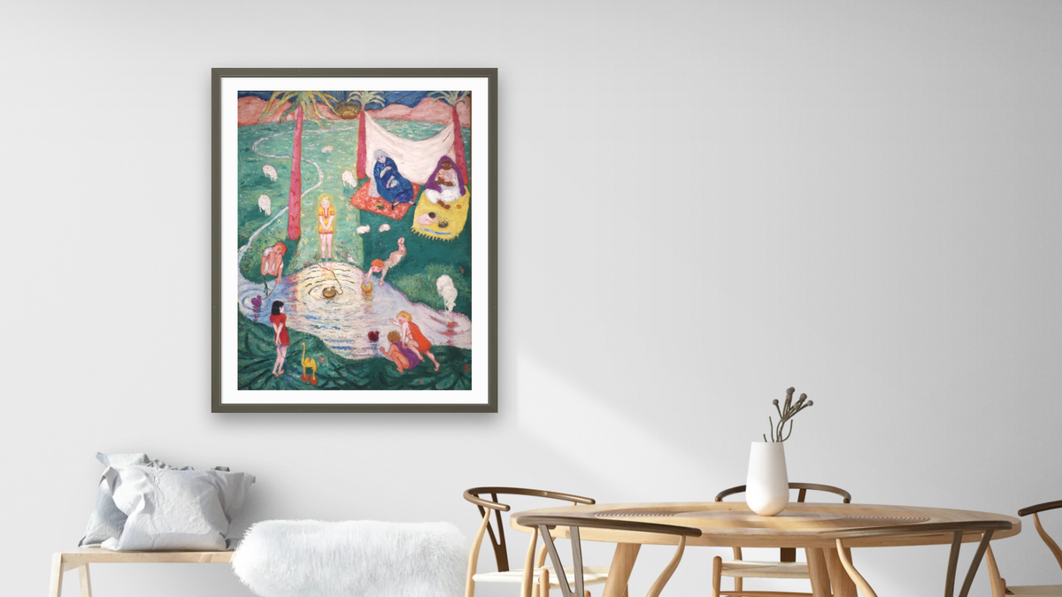Easter Picture by Florine Stettheimer, shown at 30 × 40 in (76.2 × 101.6 cm) in Ramino Satin Black, dining