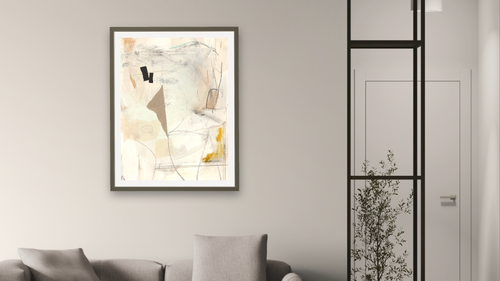Abstract Layers by Dan Hobday, shown at 30 × 40 in (76.2 × 101.6 cm) in Ramino Satin Black, living [arteriel-render:v6:room_a:30x40@35,39]