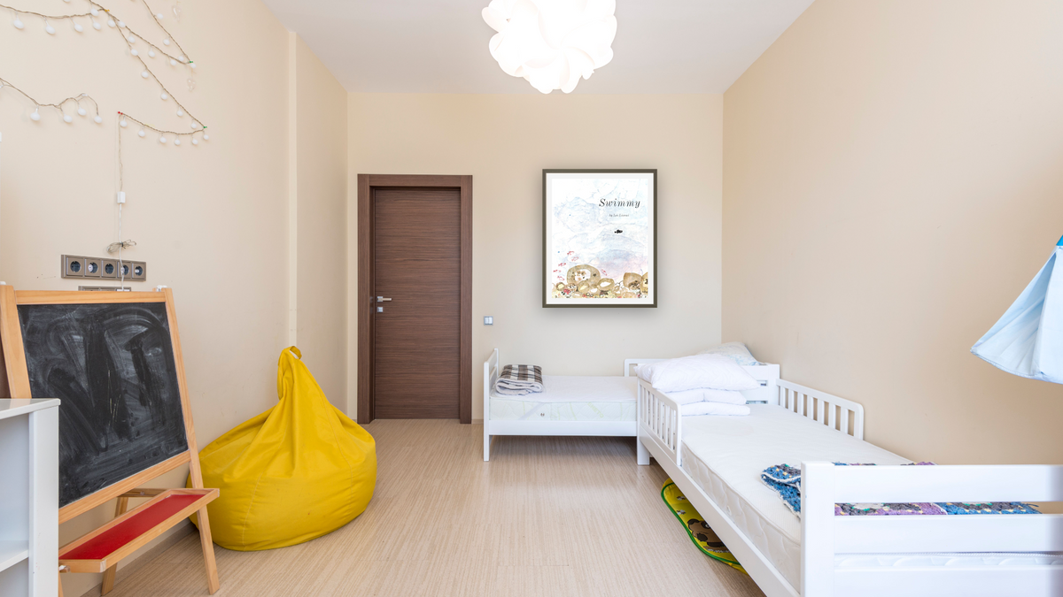Swimmy by Leo Lionni, shown at 32 × 40 in (81.3 × 101.6 cm) in Ramino Satin Black, kids' room