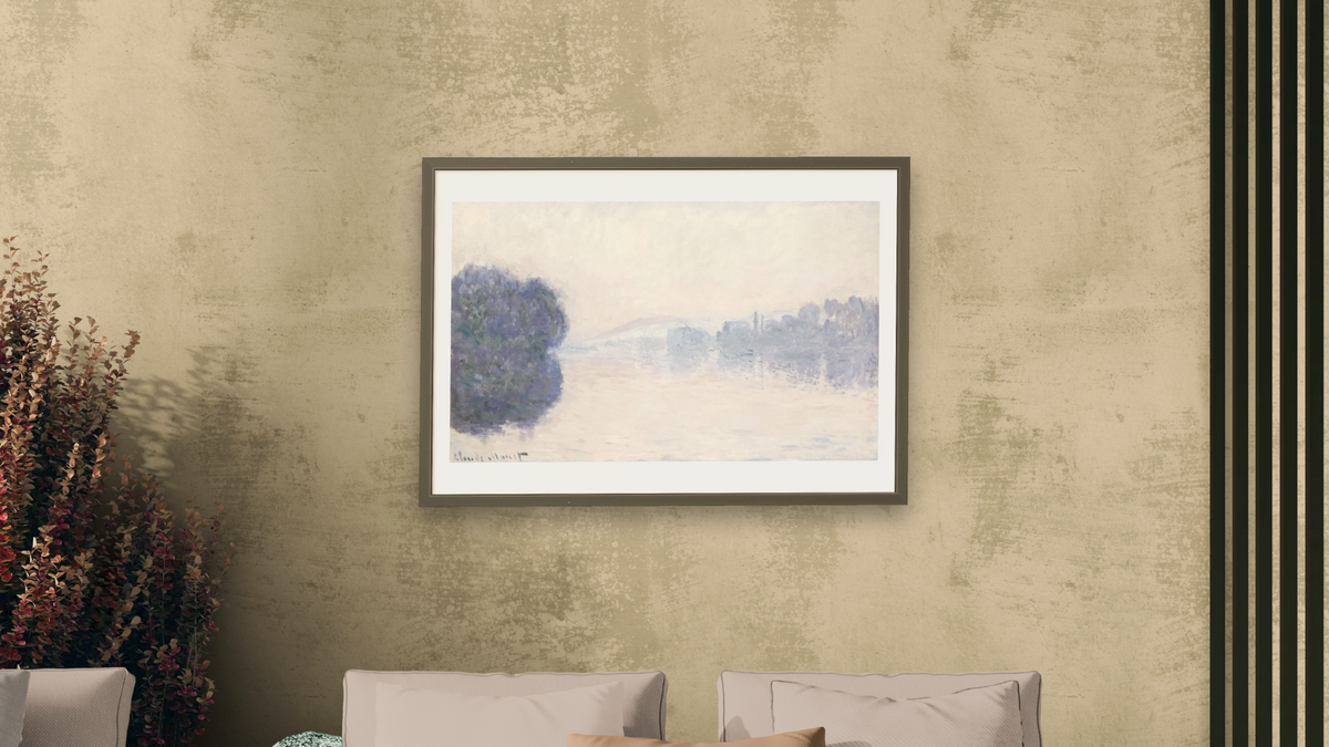 The Seine near Vernon, as Seen in the Morning by Claude Monet, shown at 28 × 42 in (71.1 × 106.7 cm) in Ramino Satin Black, living
