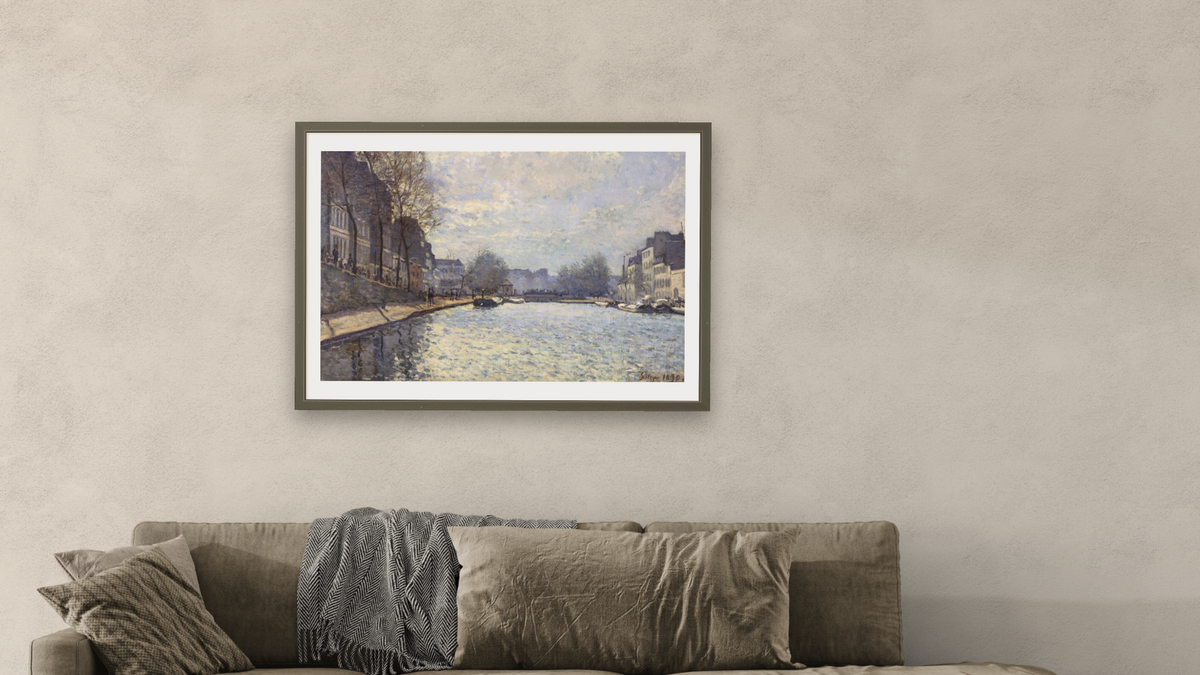 View of the Canal Saint-Martin, Paris by Alfred Sisley, shown at 28 × 42 in (71.1 × 106.7 cm) in Ramino Satin Black, living