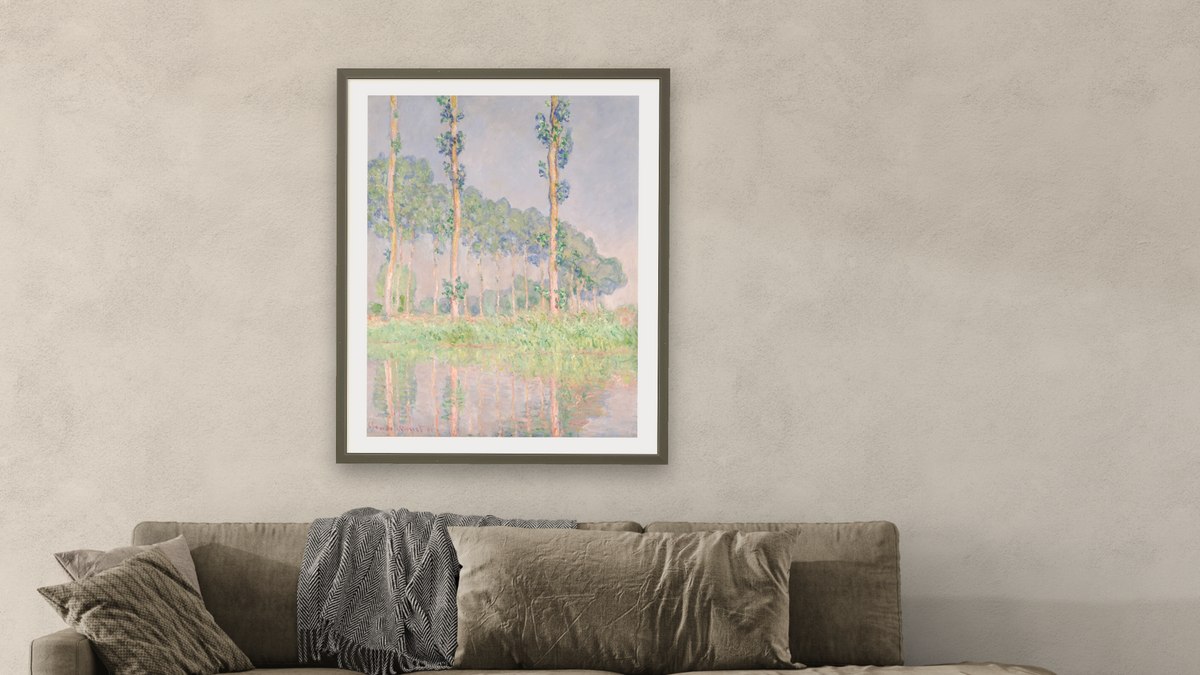 Poplars, Pink Effect by Claude Monet, shown at 32 × 40 in (81.3 × 101.6 cm) in Ramino Satin Black, living
