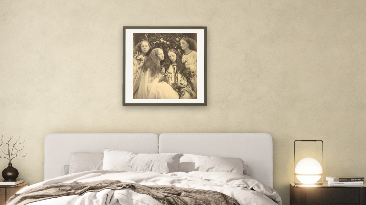 The Rosebud Garden of Girls by Julia Margaret Cameron, shown at 32 × 32 in (81.3 × 81.3 cm) in Ramino Satin Black, bedroom