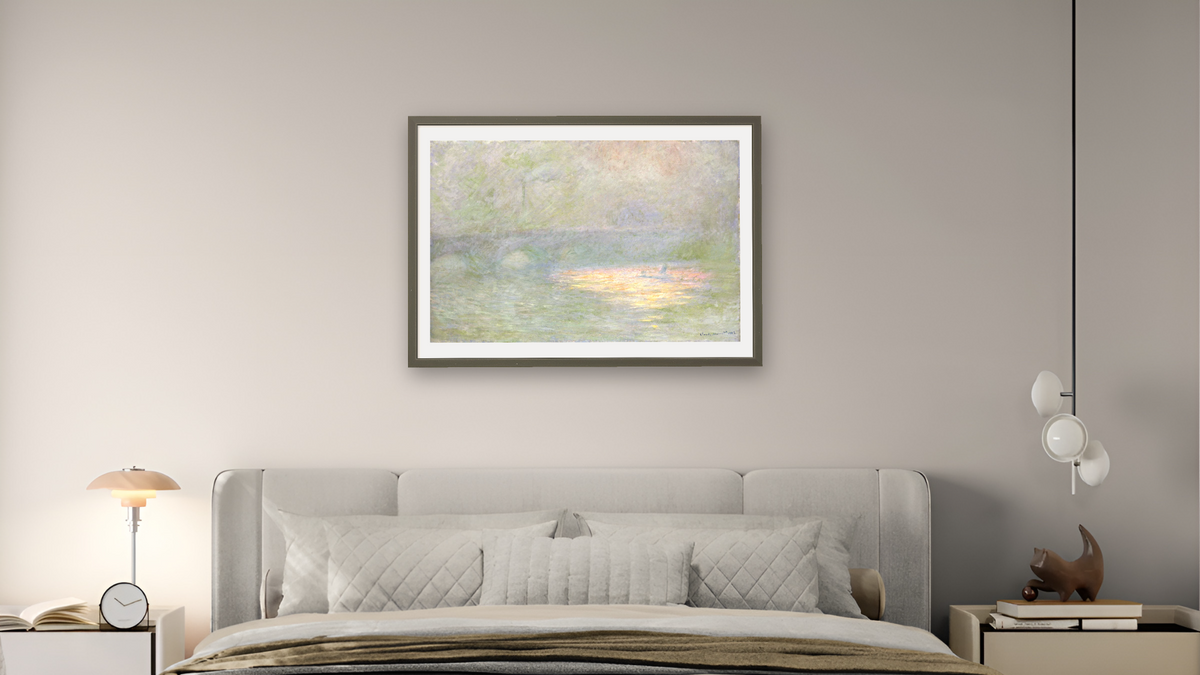 Waterloo Bridge by Claude Monet, shown at 28 × 42 in (71.1 × 106.7 cm) in Ramino Satin Black, bedroom