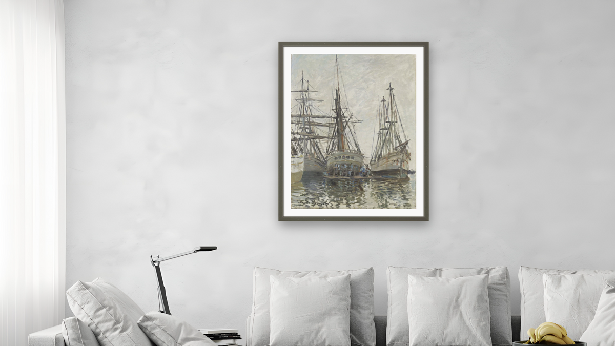 Boats in a Harbour by Claude Monet, shown at 30 × 40 in (76.2 × 101.6 cm) in Ramino Satin Black, living