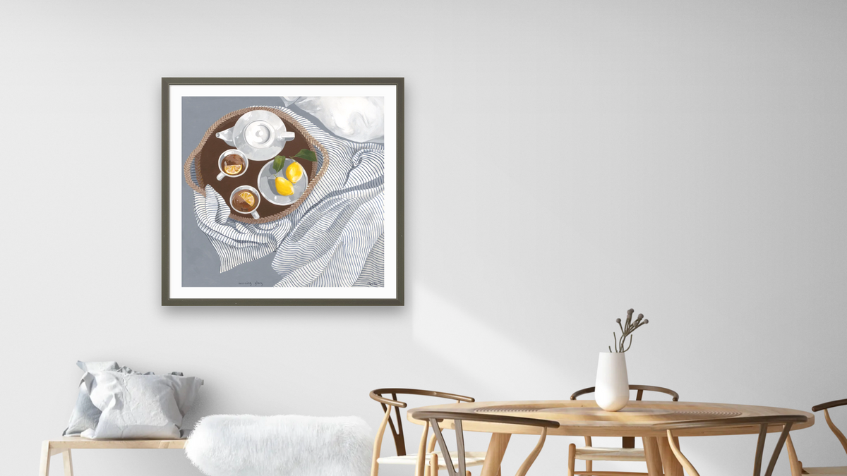 Morning Glory by Catherine Gerke, shown at 32 × 32 in (81.3 × 81.3 cm) in Ramino Satin Black, dining