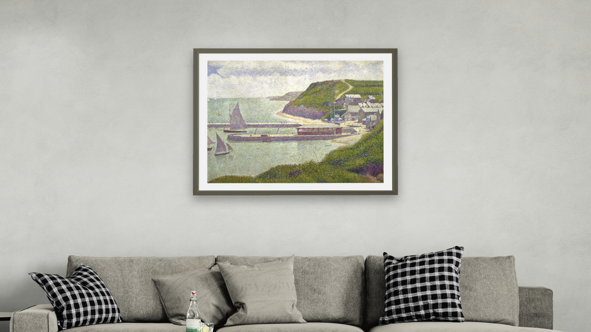 Harbour at Port-en-Bessin at High Tide by Georges Seurat, shown at 32 × 40 in (81.3 × 101.6 cm) in Ramino Satin Black, living