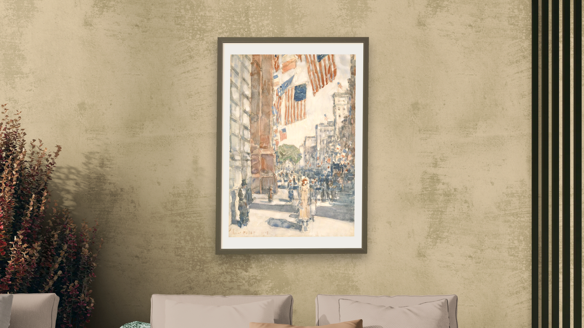 Flags, Fifth Avenue by Childe Hassam, shown at 28 × 42 in (71.1 × 106.7 cm) in Ramino Satin Black, living